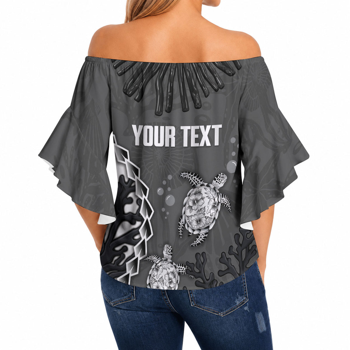 Personalized Black Coral Hawaii Off Shoulder Wrap Waist Top Ekaha Ku Moana Honu Sea Turtle