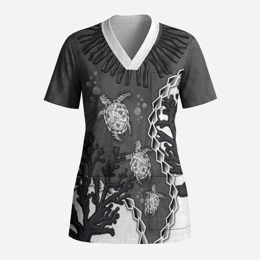 Personalized Black Coral Hawaii Scrub Top Ekaha Ku Moana Honu Sea Turtle
