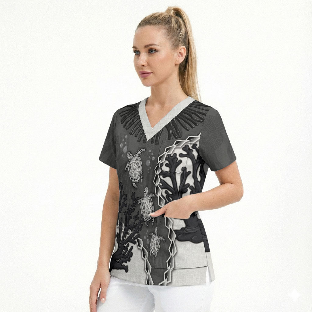 Personalized Black Coral Hawaii Scrub Top Ekaha Ku Moana Honu Sea Turtle
