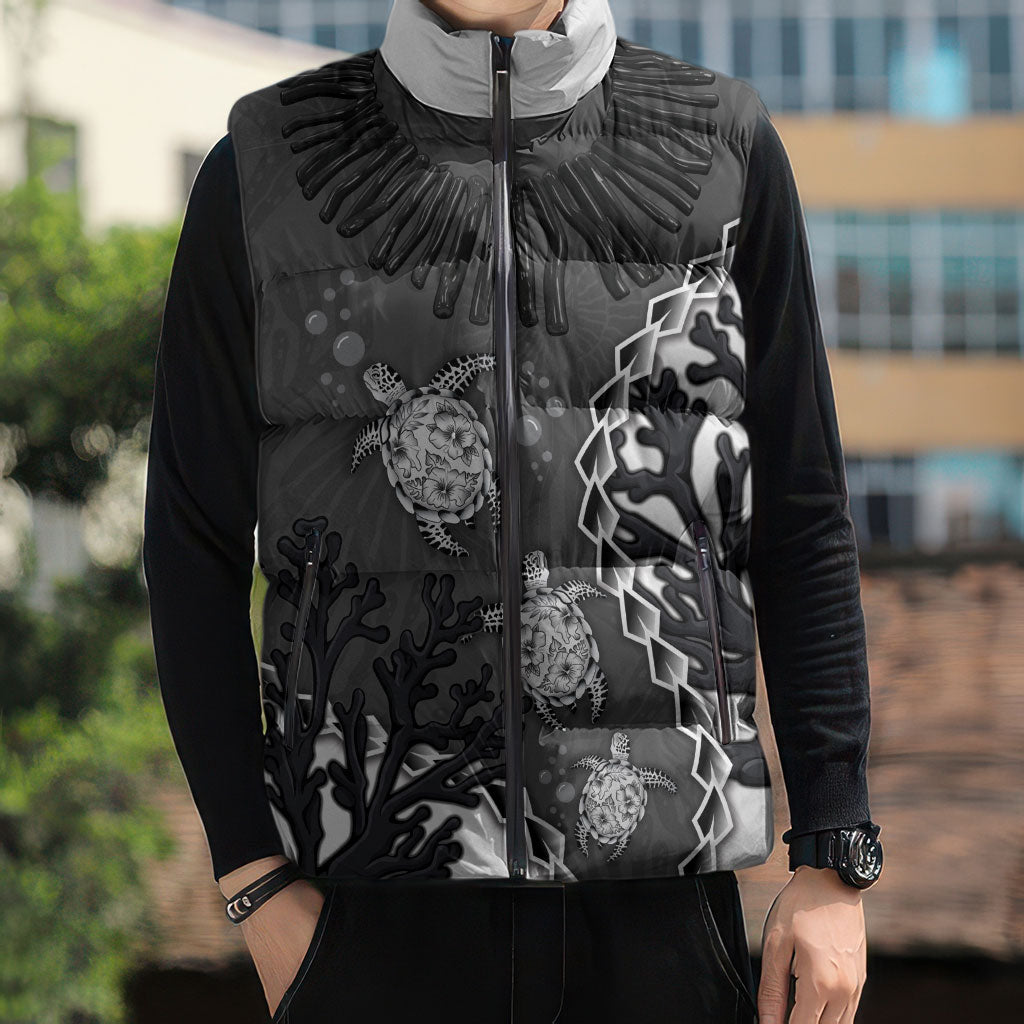 Personalized Black Coral Hawaii Sleeveless Puffer Jacket Ekaha Ku Moana Honu Sea Turtle