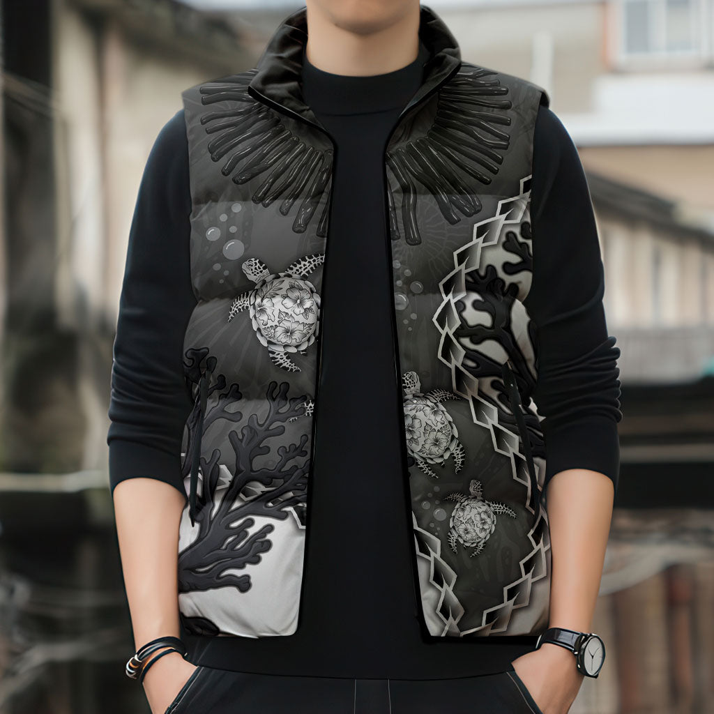 Personalized Black Coral Hawaii Sleeveless Puffer Jacket Ekaha Ku Moana Honu Sea Turtle