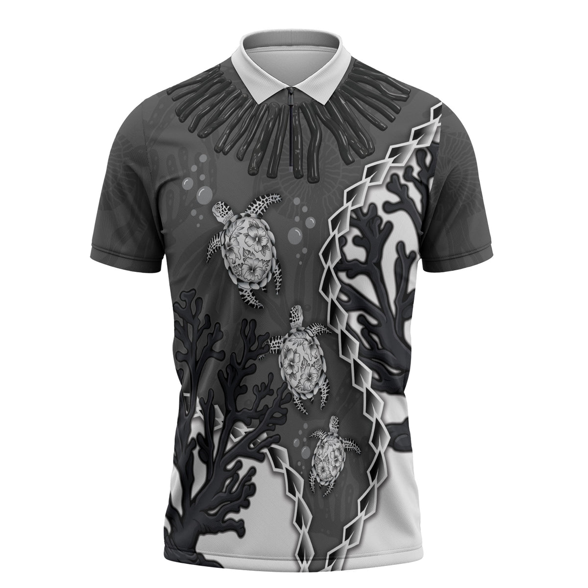 Personalized Black Coral Hawaii Zipper Polo Shirt Ekaha Ku Moana Honu Sea Turtle LT14 Gray - Polynesian Pride
