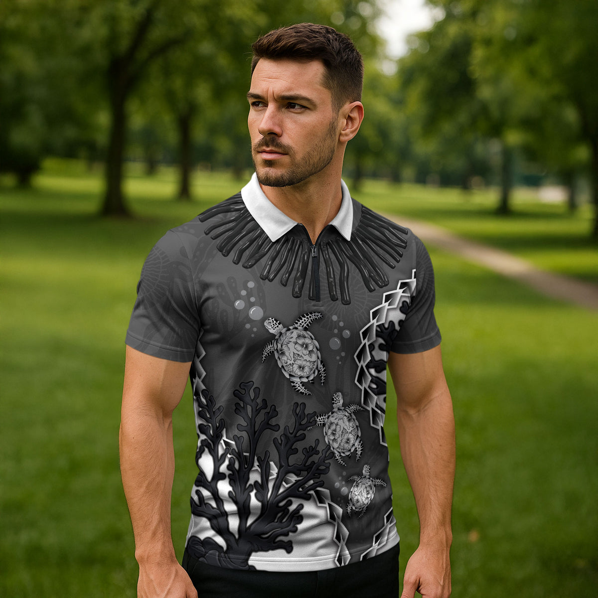Personalized Black Coral Hawaii Zipper Polo Shirt Ekaha Ku Moana Honu Sea Turtle LT14 - Polynesian Pride