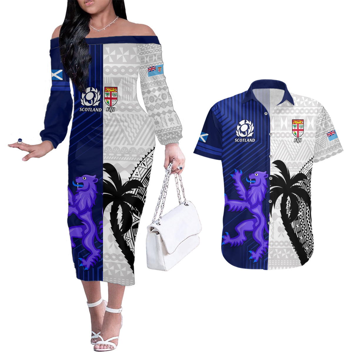 Fiji And Scotland Rugby Couples Matching Off The Shoulder Long Sleeve Dress and Hawaiian Shirt Fijian Tapa Pattern With Thistle LT14 Blue - Polynesian Pride
