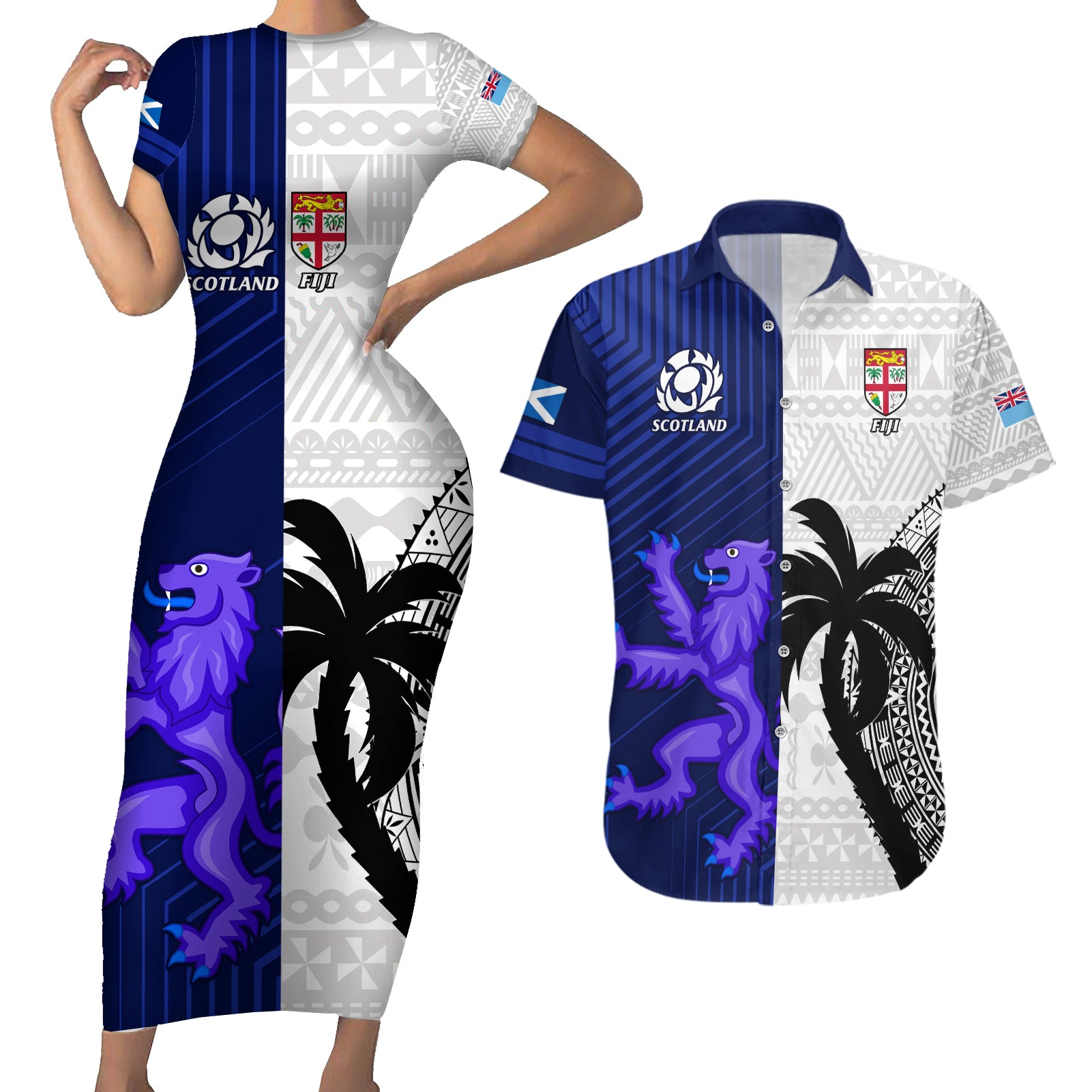 Fiji And Scotland Rugby Couples Matching Short Sleeve Bodycon Dress and Hawaiian Shirt Fijian Tapa Pattern With Thistle LT14 Blue - Polynesian Pride