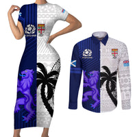 Fiji And Scotland Rugby Couples Matching Short Sleeve Bodycon Dress and Long Sleeve Button Shirts Fijian Tapa Pattern With Thistle LT14 Blue - Polynesian Pride