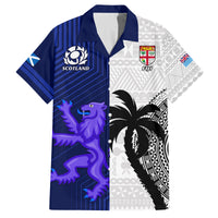 Fiji And Scotland Rugby Family Matching Off Shoulder Maxi Dress and Hawaiian Shirt Fijian Tapa Pattern With Thistle LT14 Dad's Shirt - Short Sleeve Blue - Polynesian Pride