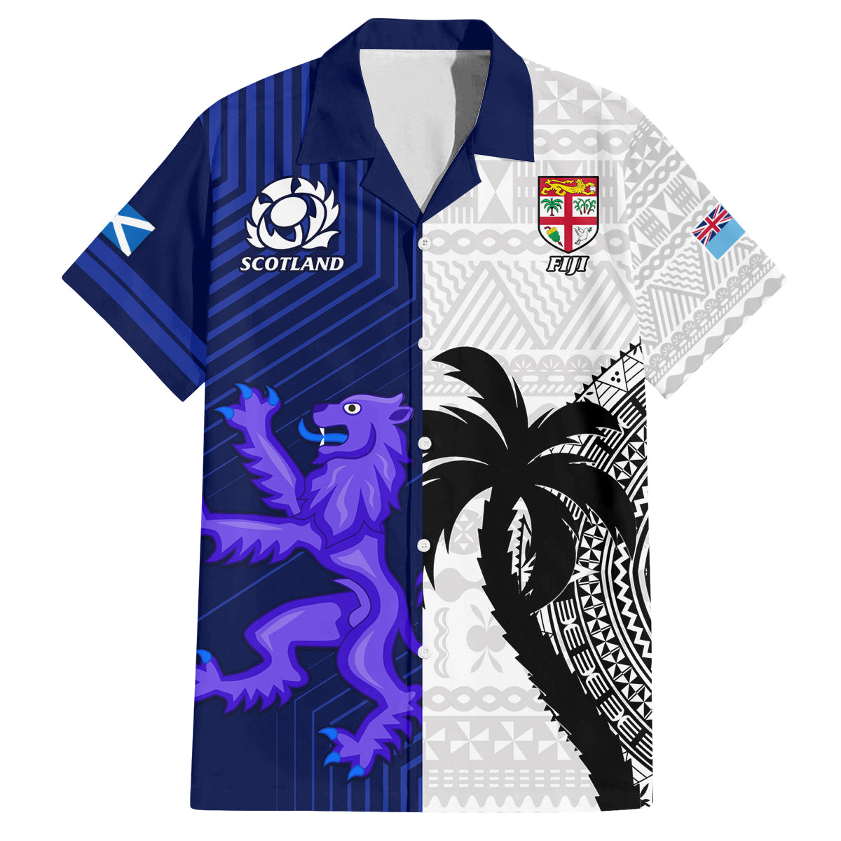Fiji And Scotland Rugby Family Matching Tank Maxi Dress and Hawaiian Shirt Fijian Tapa Pattern With Thistle LT14 Dad's Shirt - Short Sleeve Blue - Polynesian Pride