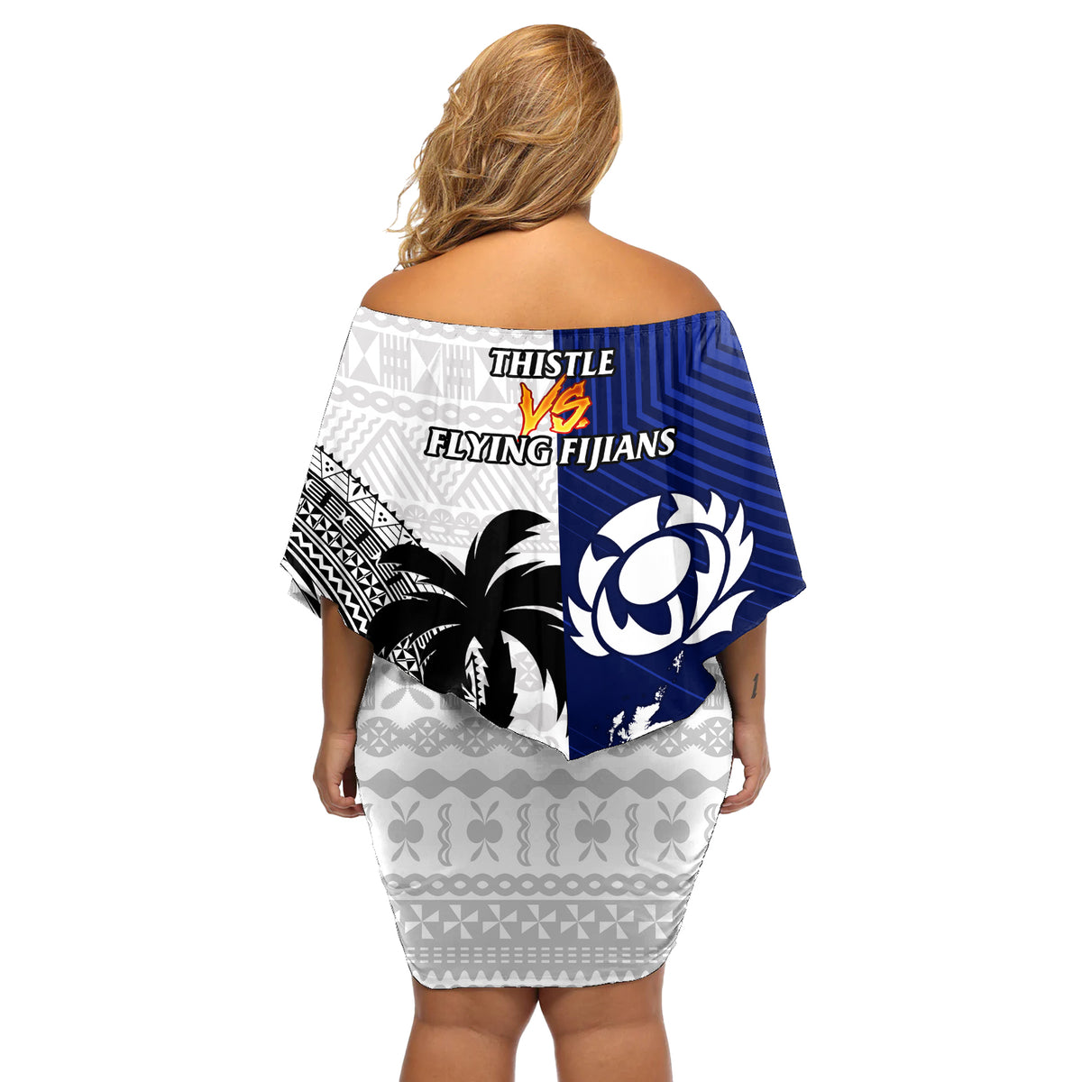 Fiji And Scotland Rugby Off Shoulder Short Dress Fijian Tapa Pattern With Thistle LT14 - Polynesian Pride