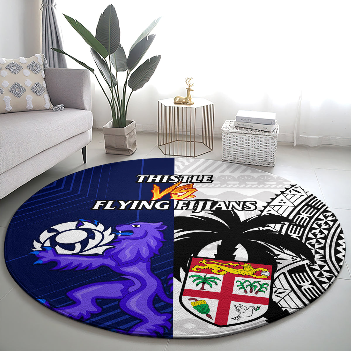 Fiji And Scotland Rugby Round Carpet Fijian Tapa Pattern With Thistle LT14 - Polynesian Pride