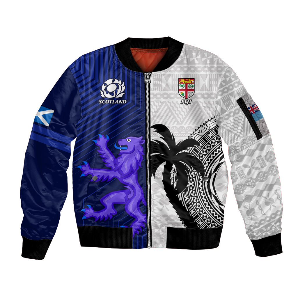 Fiji And Scotland Rugby Sleeve Zip Bomber Jacket Fijian Tapa Pattern With Thistle LT14 Unisex Blue - Polynesian Pride