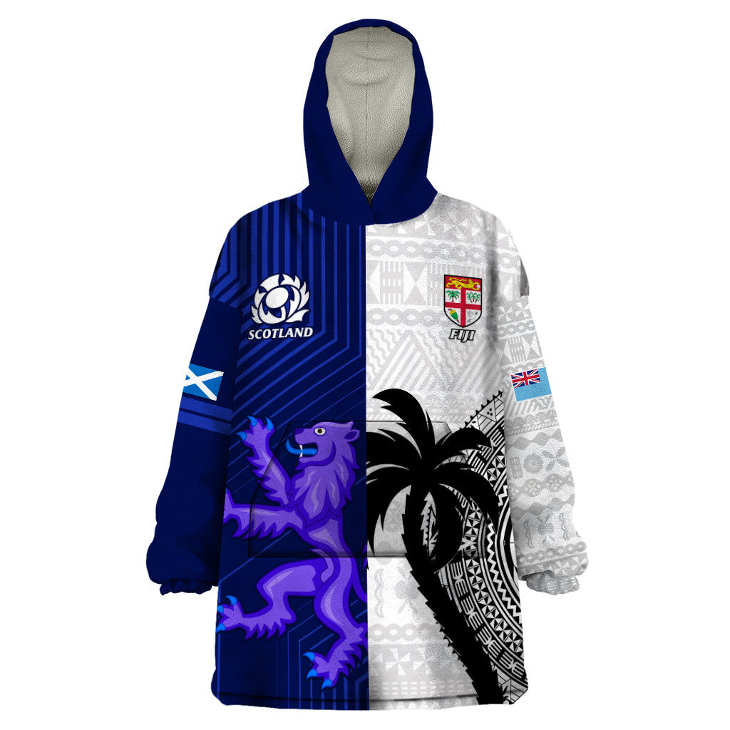 Fiji And Scotland Rugby Wearable Blanket Hoodie Fijian Tapa Pattern With Thistle LT14 One Size Blue - Polynesian Pride