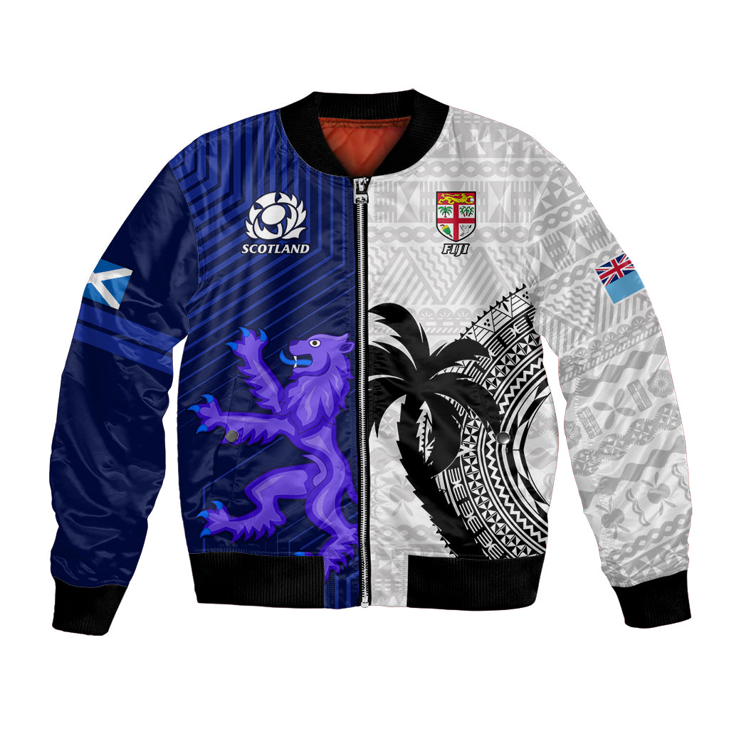 Custom Fiji And Scotland Rugby Bomber Jacket Fijian Tapa Pattern With Thistle LT14 Unisex Blue - Polynesian Pride