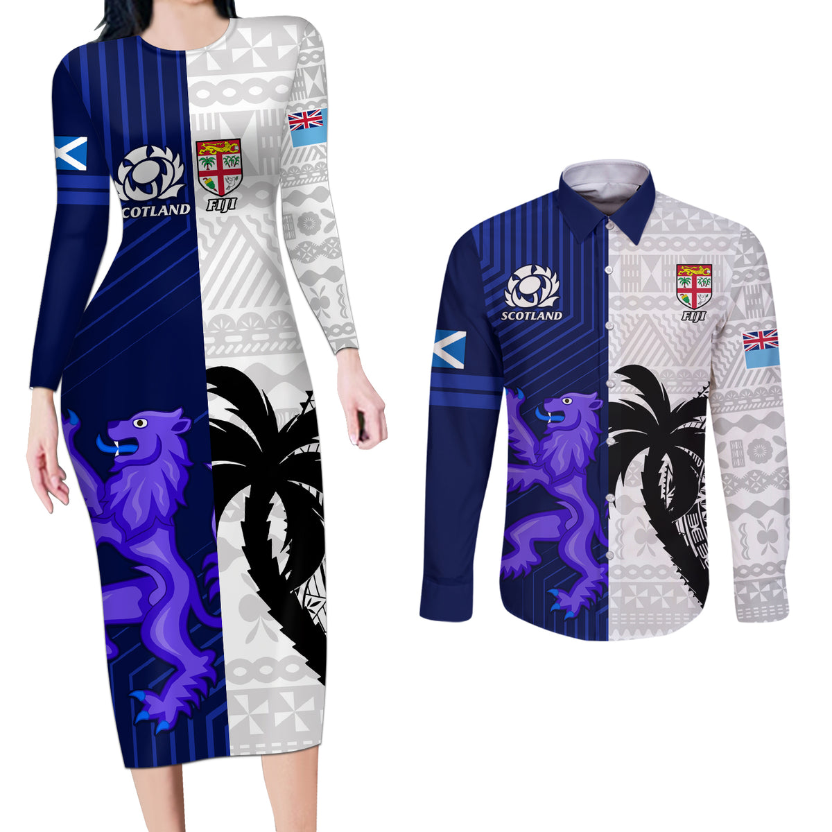 Custom Fiji And Scotland Rugby Couples Matching Long Sleeve Bodycon Dress and Long Sleeve Button Shirts Fijian Tapa Pattern With Thistle LT14 Blue - Polynesian Pride