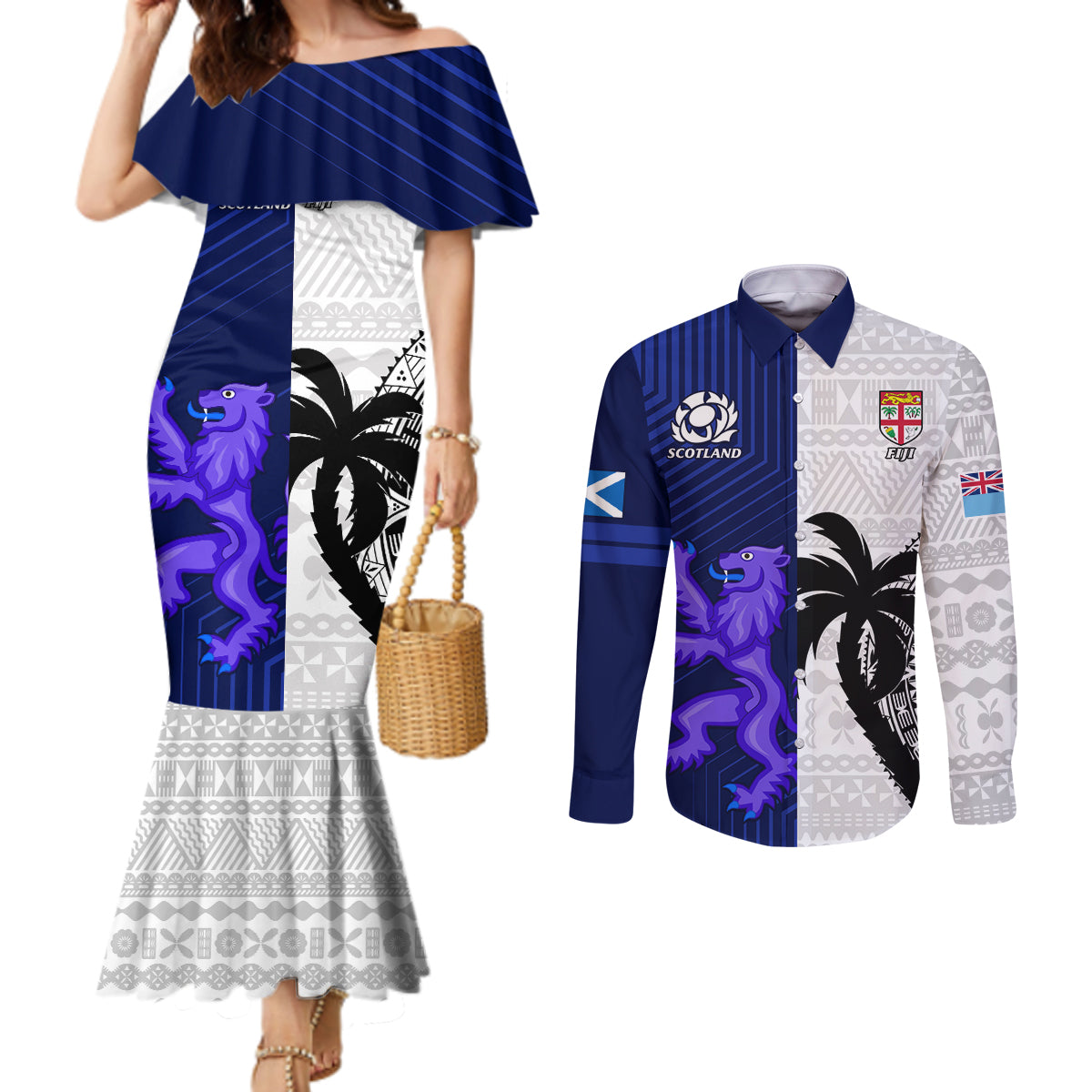 Custom Fiji And Scotland Rugby Couples Matching Mermaid Dress and Long Sleeve Button Shirts Fijian Tapa Pattern With Thistle LT14 Blue - Polynesian Pride