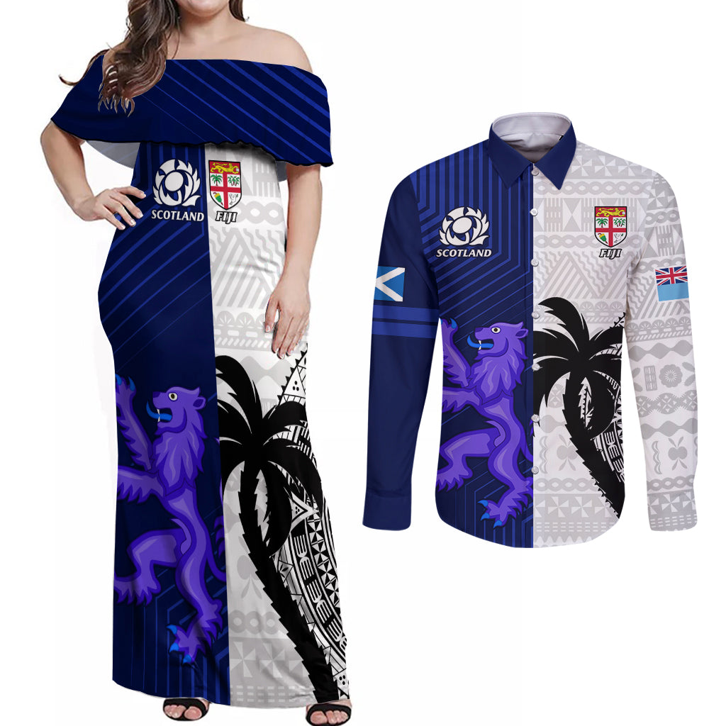 Custom Fiji And Scotland Rugby Couples Matching Off Shoulder Maxi Dress and Long Sleeve Button Shirts Fijian Tapa Pattern With Thistle LT14 Blue - Polynesian Pride