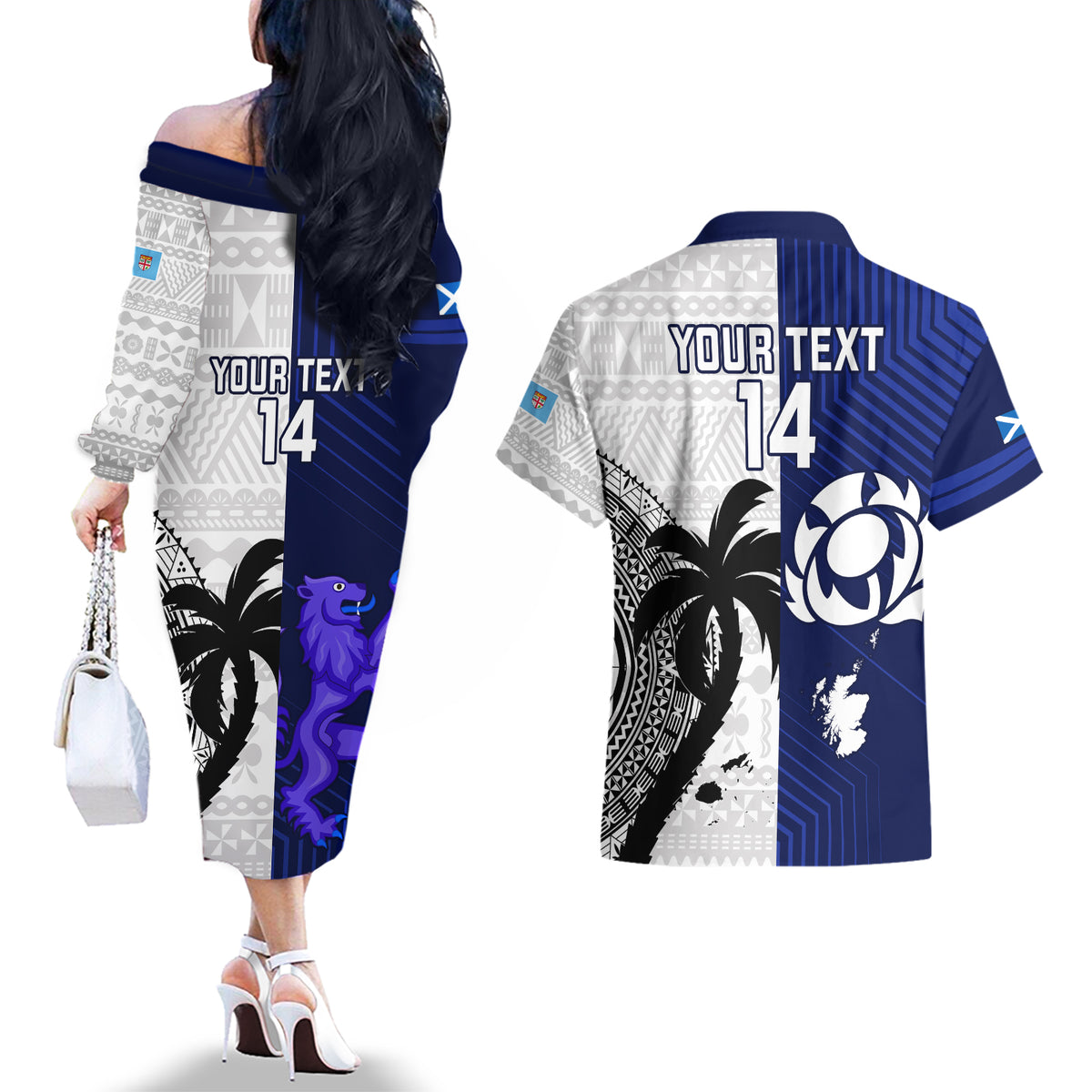 Custom Fiji And Scotland Rugby Couples Matching Off The Shoulder Long Sleeve Dress and Hawaiian Shirt Fijian Tapa Pattern With Thistle LT14 - Polynesian Pride