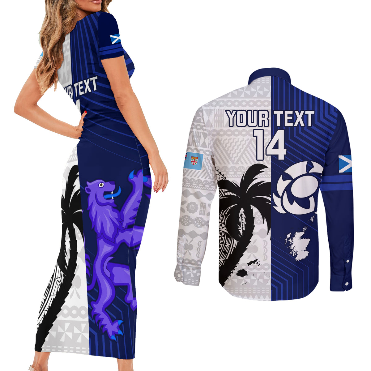 Custom Fiji And Scotland Rugby Couples Matching Short Sleeve Bodycon Dress and Long Sleeve Button Shirts Fijian Tapa Pattern With Thistle LT14 - Polynesian Pride
