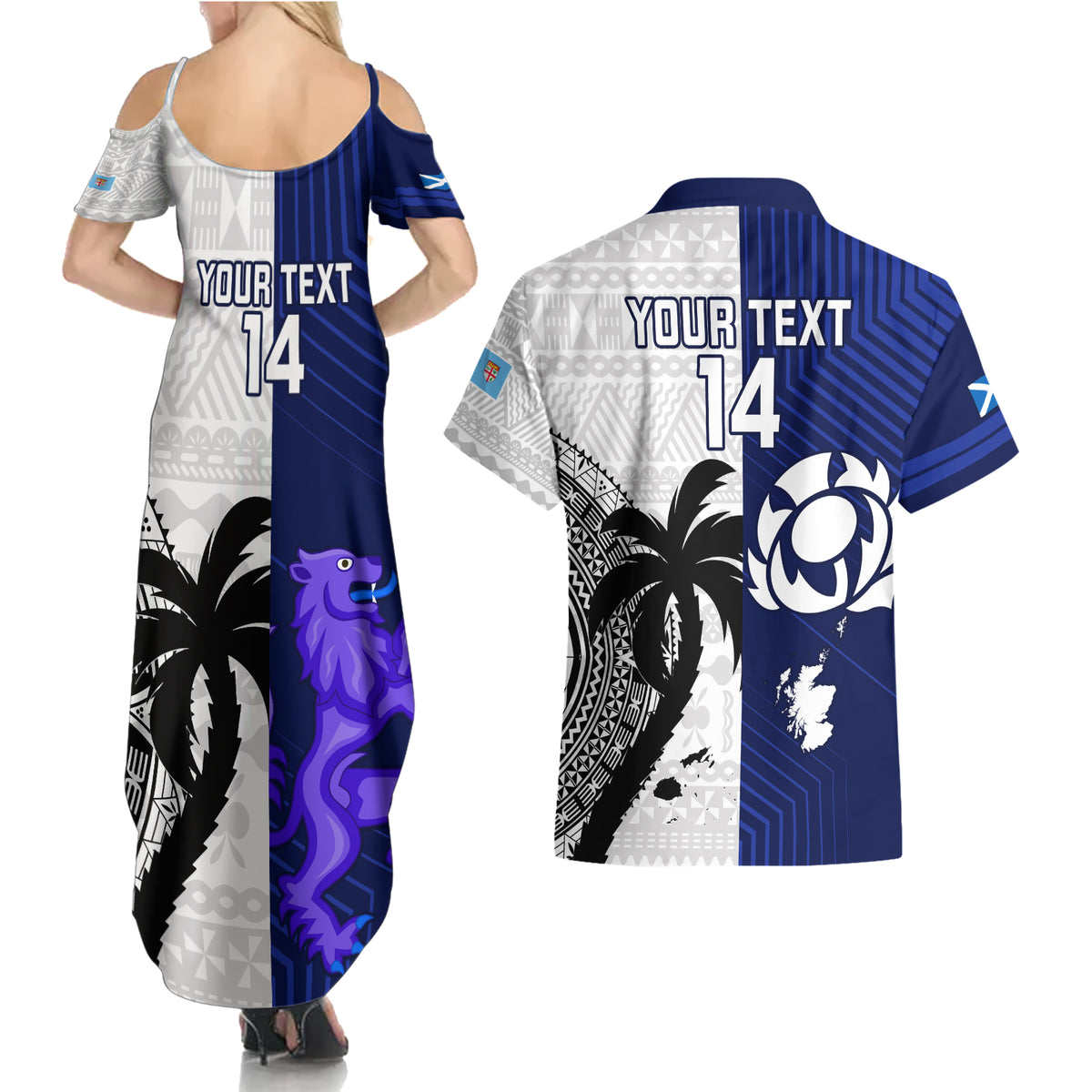 Custom Fiji And Scotland Rugby Couples Matching Summer Maxi Dress and Hawaiian Shirt Fijian Tapa Pattern With Thistle LT14 - Polynesian Pride