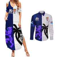 Custom Fiji And Scotland Rugby Couples Matching Summer Maxi Dress and Long Sleeve Button Shirts Fijian Tapa Pattern With Thistle LT14 Blue - Polynesian Pride