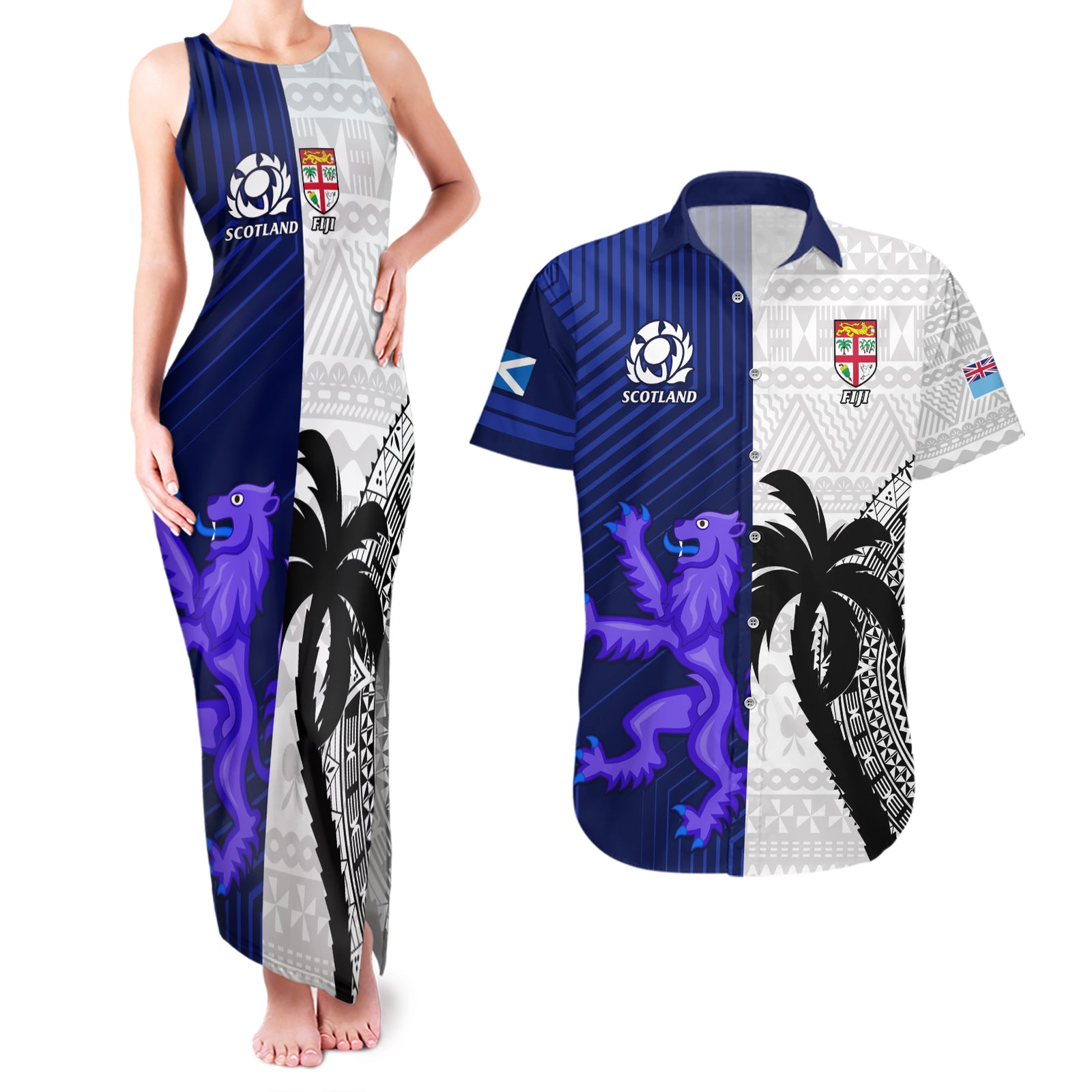 Custom Fiji And Scotland Rugby Couples Matching Tank Maxi Dress and Hawaiian Shirt Fijian Tapa Pattern With Thistle LT14 Blue - Polynesian Pride