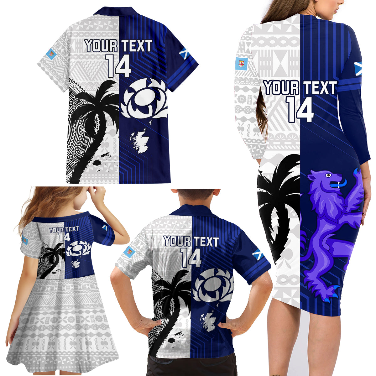 Custom Fiji And Scotland Rugby Family Matching Long Sleeve Bodycon Dress and Hawaiian Shirt Fijian Tapa Pattern With Thistle LT14 - Polynesian Pride