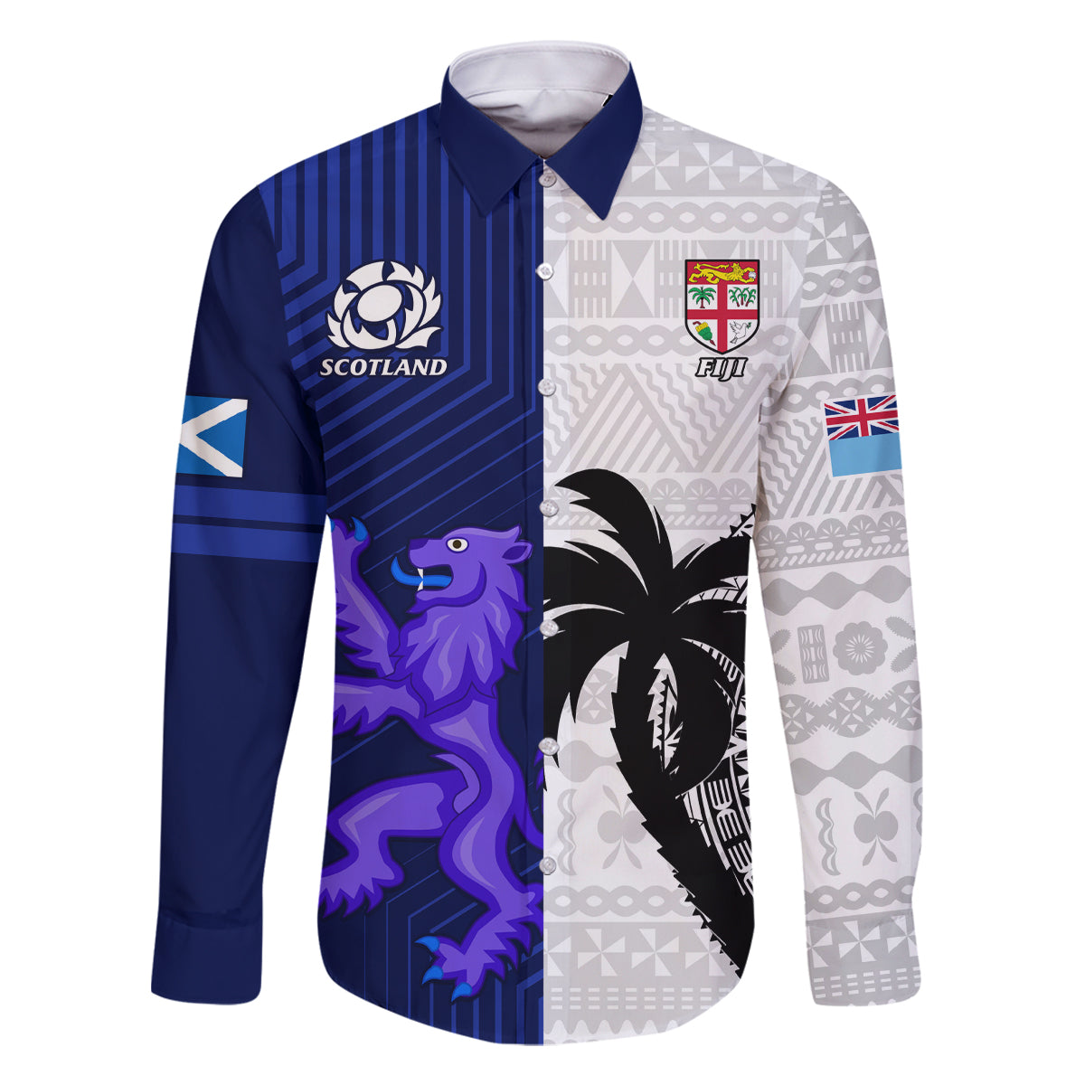Custom Fiji And Scotland Rugby Family Matching Mermaid Dress and Hawaiian Shirt Fijian Tapa Pattern With Thistle LT14 Dad's Shirt - Long Sleeve Blue - Polynesian Pride