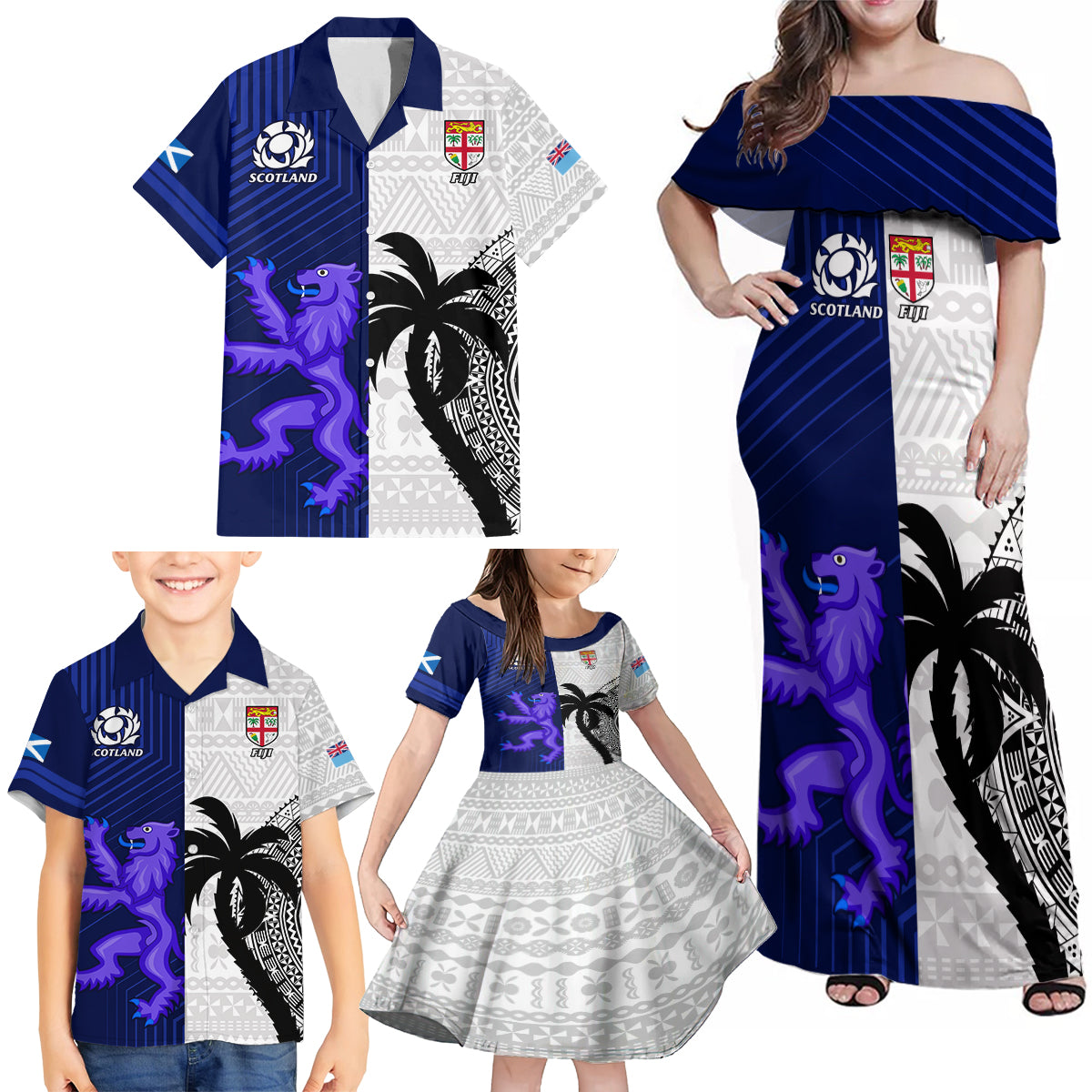 Custom Fiji And Scotland Rugby Family Matching Off Shoulder Maxi Dress and Hawaiian Shirt Fijian Tapa Pattern With Thistle LT14 - Polynesian Pride