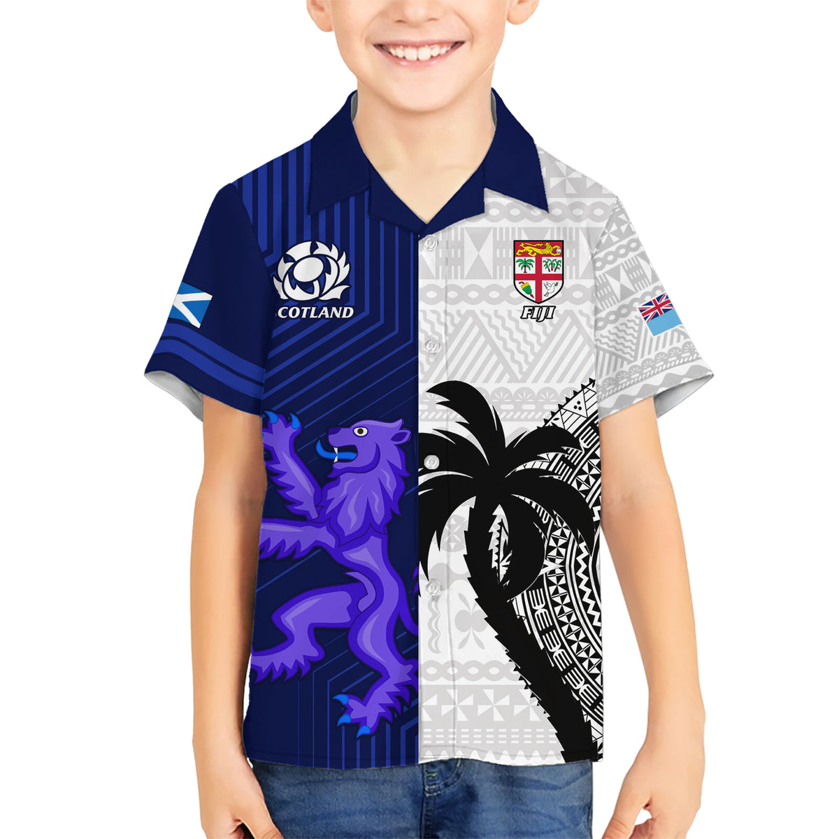 Custom Fiji And Scotland Rugby Family Matching Short Sleeve Bodycon Dress and Hawaiian Shirt Fijian Tapa Pattern With Thistle LT14 Son's Shirt Blue - Polynesian Pride