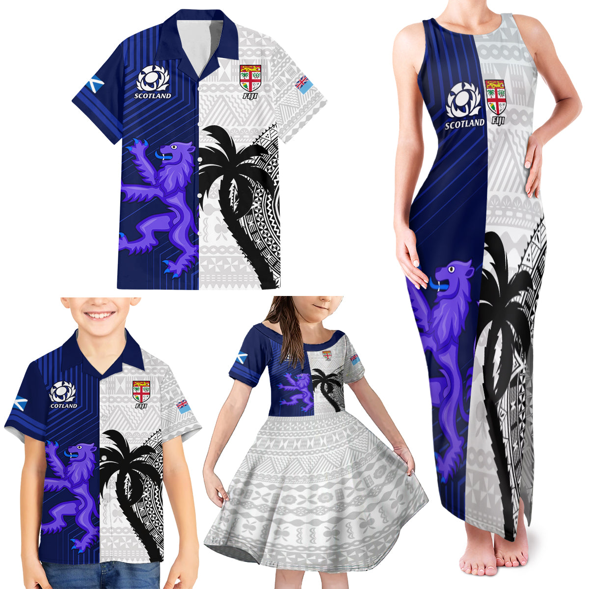 Custom Fiji And Scotland Rugby Family Matching Tank Maxi Dress and Hawaiian Shirt Fijian Tapa Pattern With Thistle LT14 - Polynesian Pride