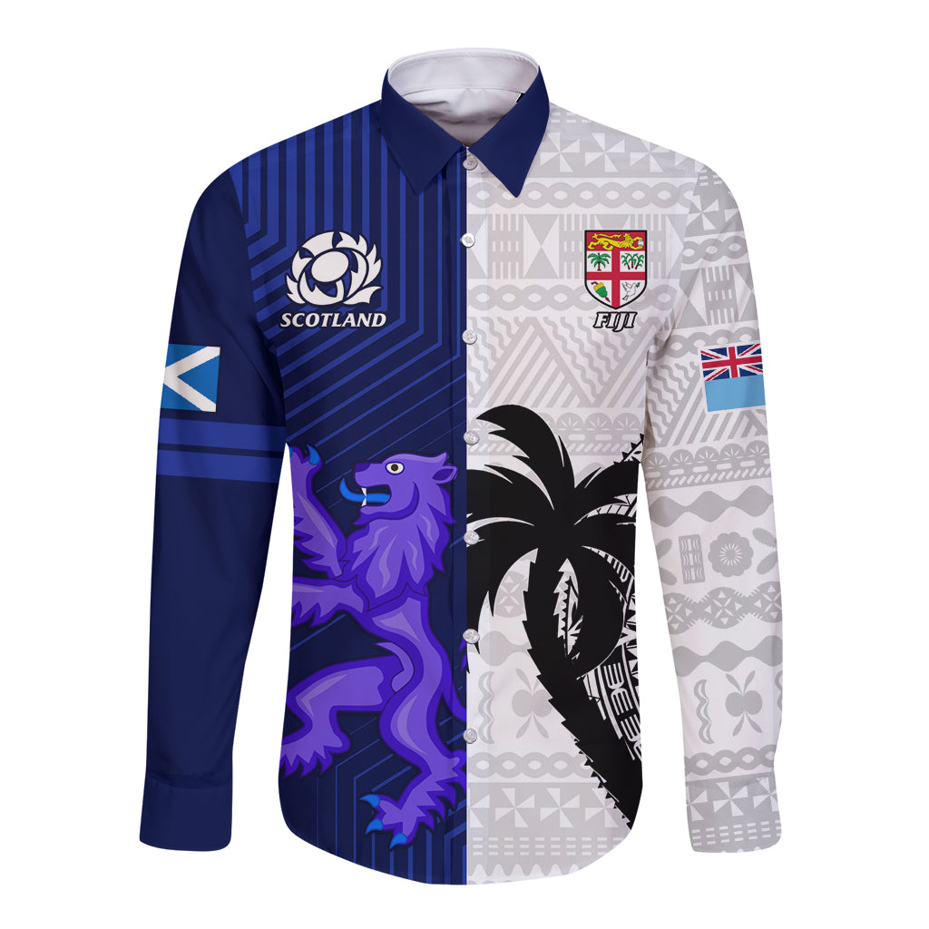 Custom Fiji And Scotland Rugby Long Sleeve Button Shirt Fijian Tapa Pattern With Thistle LT14 Unisex Blue - Polynesian Pride