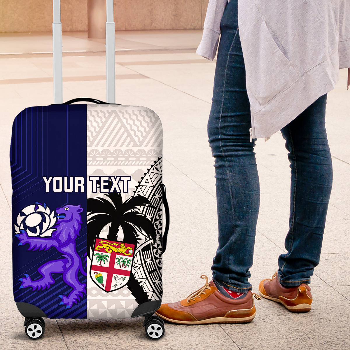 Custom Fiji And Scotland Rugby Luggage Cover Fijian Tapa Pattern With Thistle LT14 Blue - Polynesian Pride