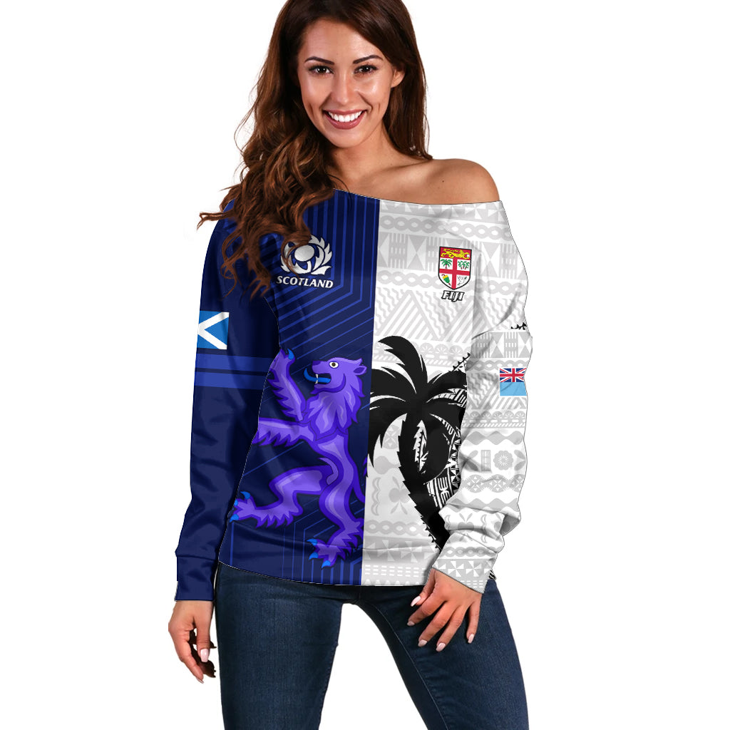 Custom Fiji And Scotland Rugby Off Shoulder Sweater Fijian Tapa Pattern With Thistle LT14 Women Blue - Polynesian Pride