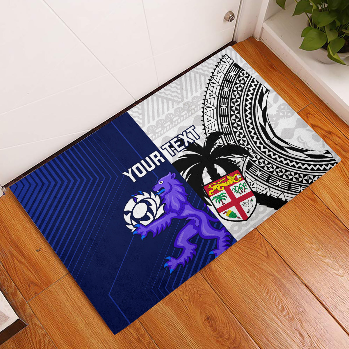 Custom Fiji And Scotland Rugby Rubber Doormat Fijian Tapa Pattern With Thistle LT14 Blue - Polynesian Pride