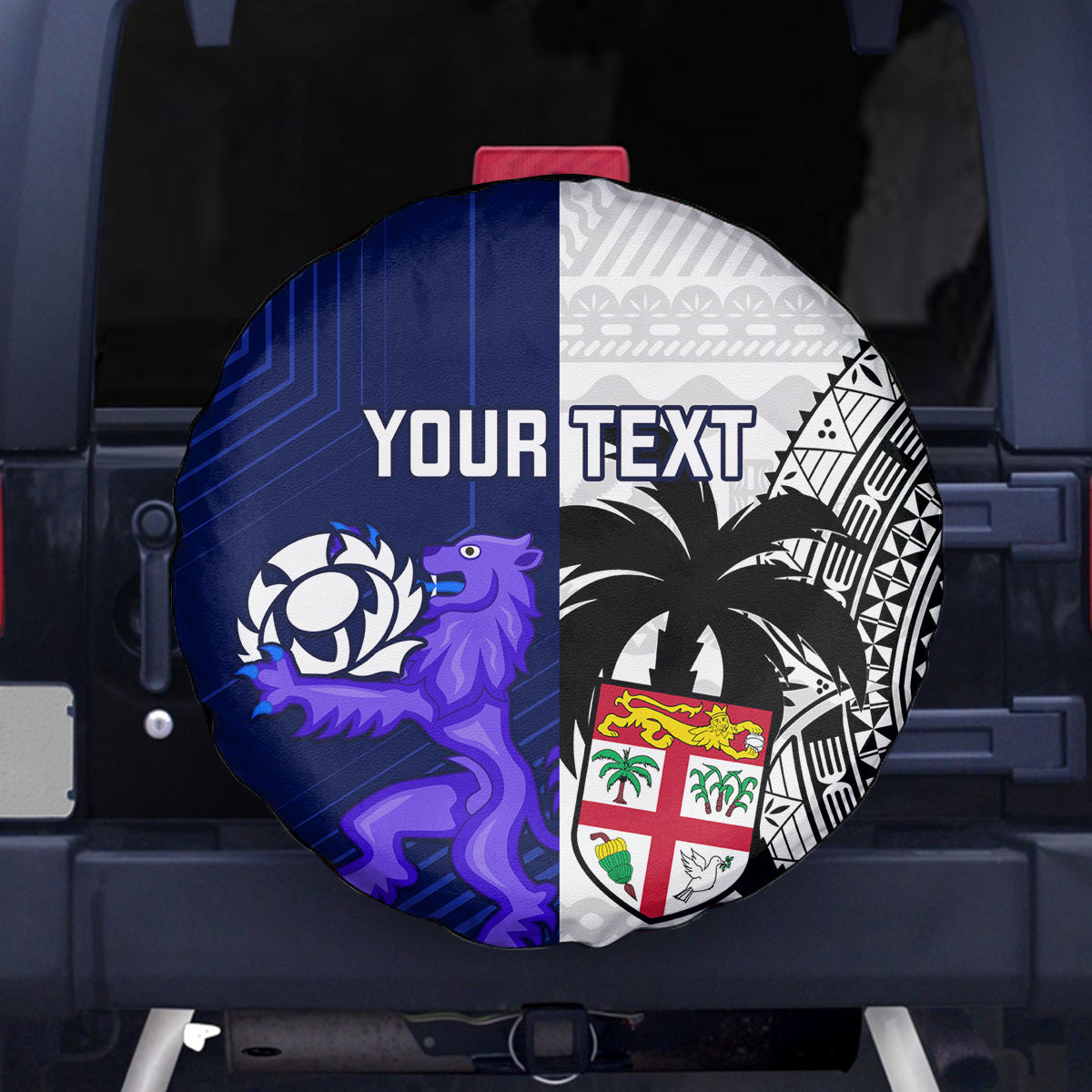 Custom Fiji And Scotland Rugby Spare Tire Cover Fijian Tapa Pattern With Thistle LT14 Blue - Polynesian Pride