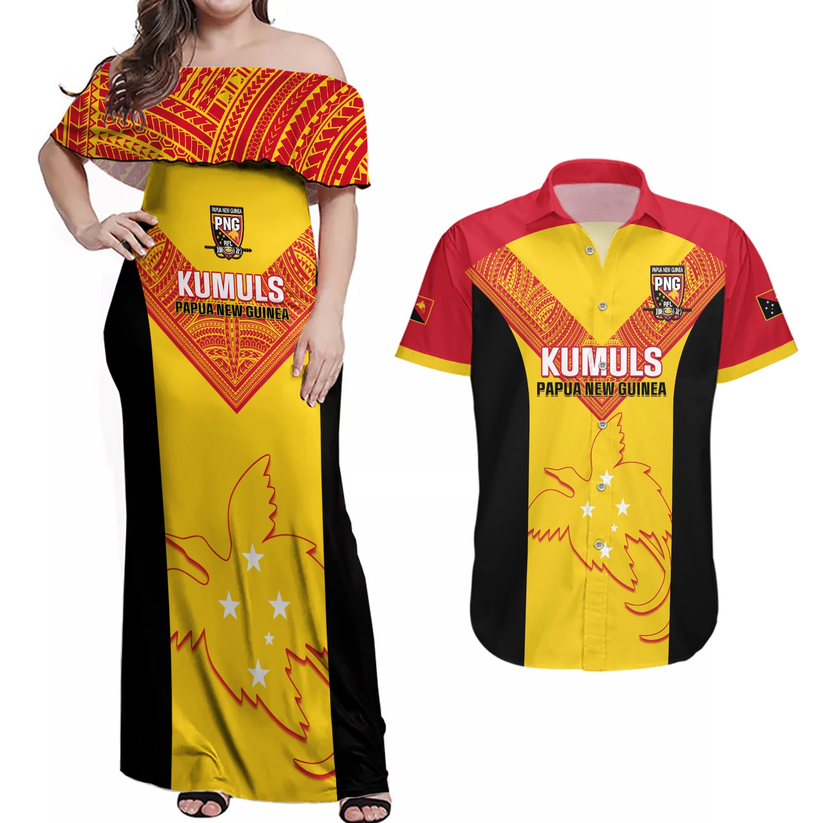 Custom Papua New Guinea Rubgby Couples Matching Off Shoulder Maxi Dress and Hawaiian Shirt Pacific 2023 Go PNG Kumuls LT14 Yellow - Polynesian Pride