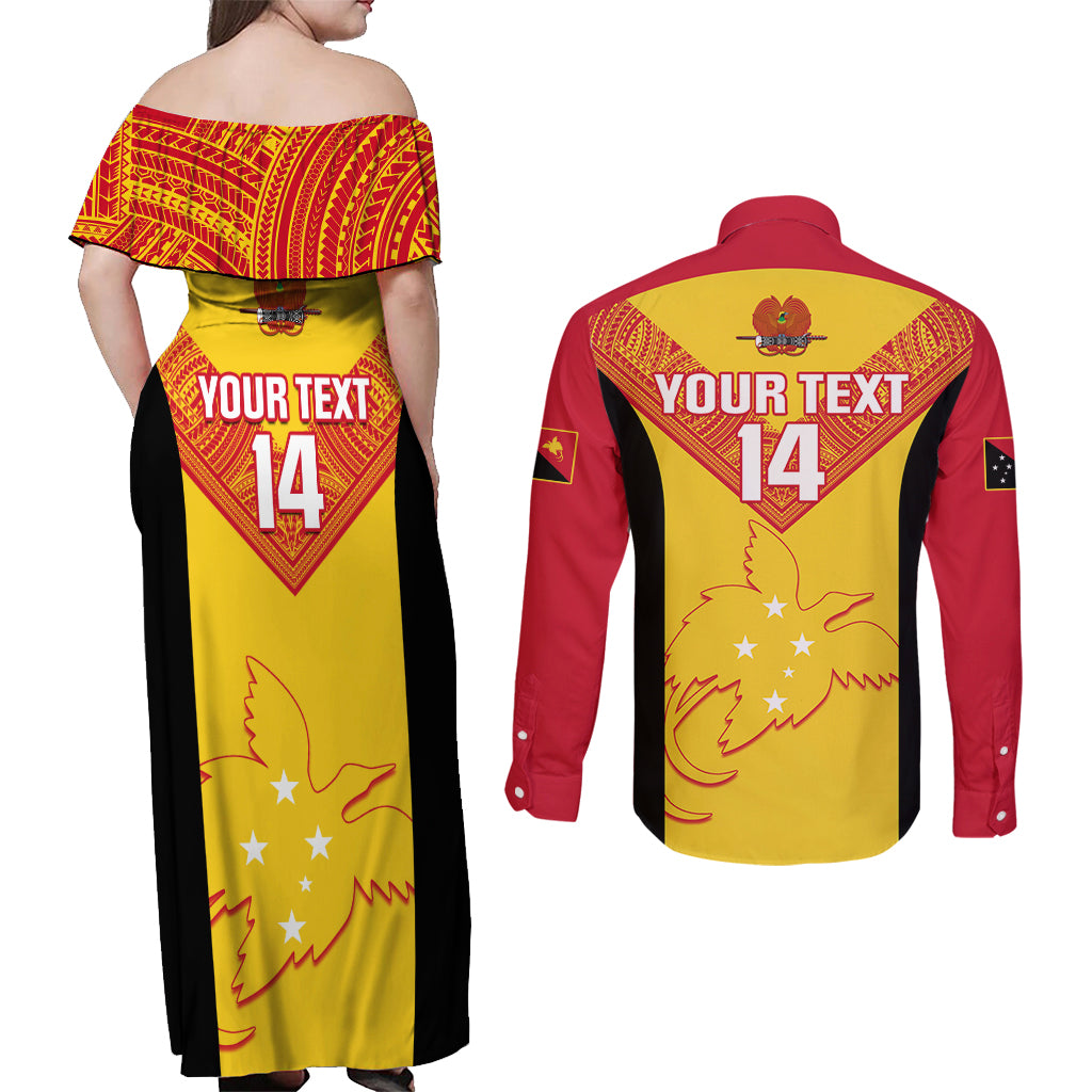 Custom Papua New Guinea Rubgby Couples Matching Off Shoulder Maxi Dress and Long Sleeve Button Shirts Pacific 2023 Go PNG Kumuls LT14 - Polynesian Pride