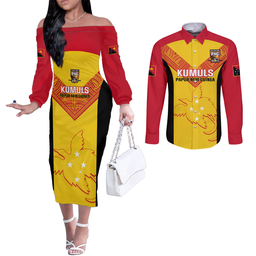 Custom Papua New Guinea Rubgby Couples Matching Off The Shoulder Long Sleeve Dress and Long Sleeve Button Shirts Pacific 2023 Go PNG Kumuls LT14 Yellow - Polynesian Pride