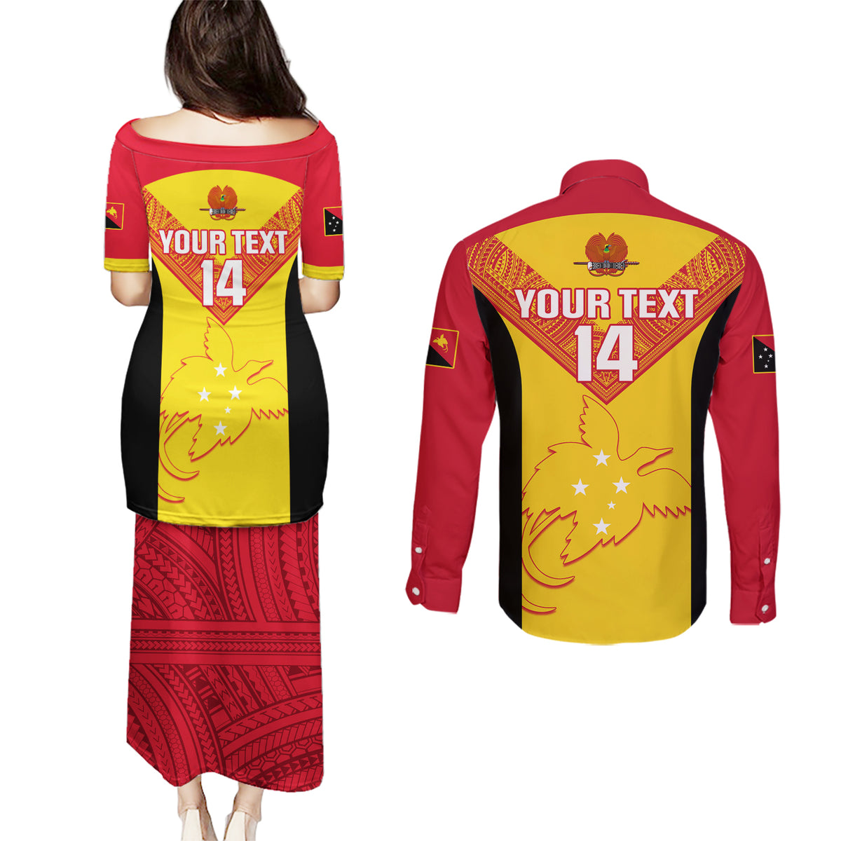 Custom Papua New Guinea Rubgby Couples Matching Puletasi Dress and Long Sleeve Button Shirts Pacific 2023 Go PNG Kumuls LT14 - Polynesian Pride