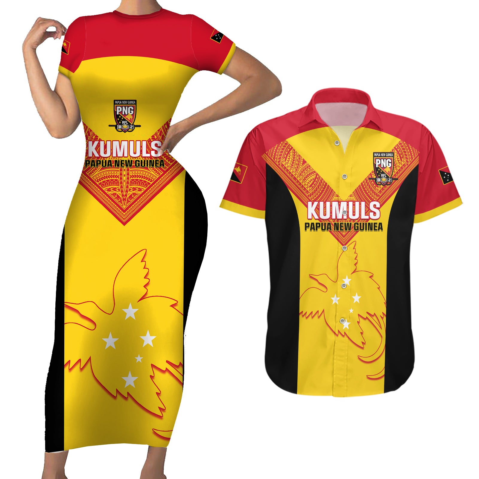 Custom Papua New Guinea Rubgby Couples Matching Short Sleeve Bodycon Dress and Hawaiian Shirt Pacific 2023 Go PNG Kumuls LT14 Yellow - Polynesian Pride