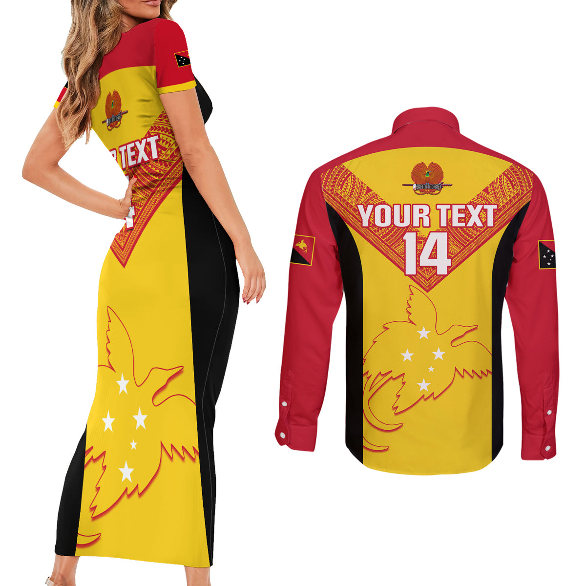 Custom Papua New Guinea Rubgby Couples Matching Short Sleeve Bodycon Dress and Long Sleeve Button Shirts Pacific 2023 Go PNG Kumuls LT14 - Polynesian Pride