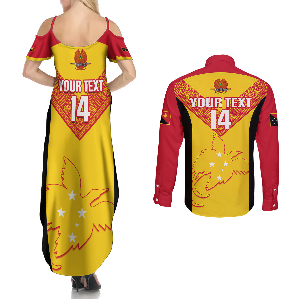 Custom Papua New Guinea Rubgby Couples Matching Summer Maxi Dress and Long Sleeve Button Shirts Pacific 2023 Go PNG Kumuls LT14 - Polynesian Pride