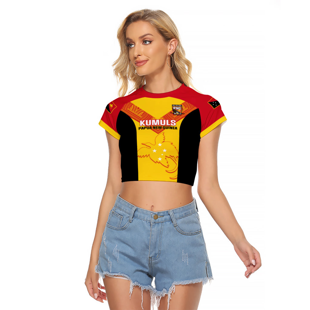 Custom Papua New Guinea Rubgby Raglan Cropped T Shirt Pacific 2023 Go PNG Kumuls LT14 Female Yellow - Polynesian Pride