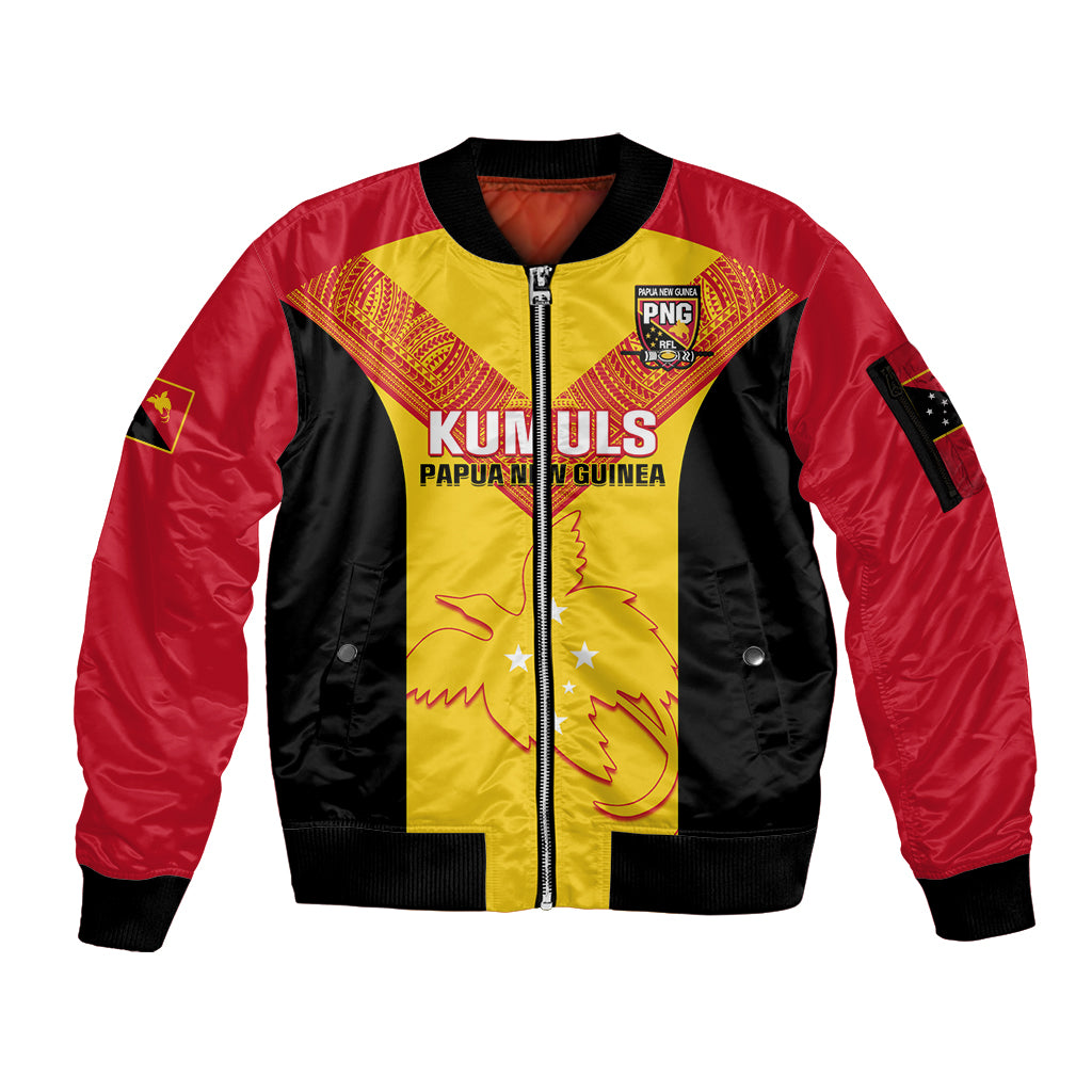 Custom Papua New Guinea Rubgby Sleeve Zip Bomber Jacket Pacific 2023 Go PNG Kumuls LT14 Unisex Yellow - Polynesian Pride