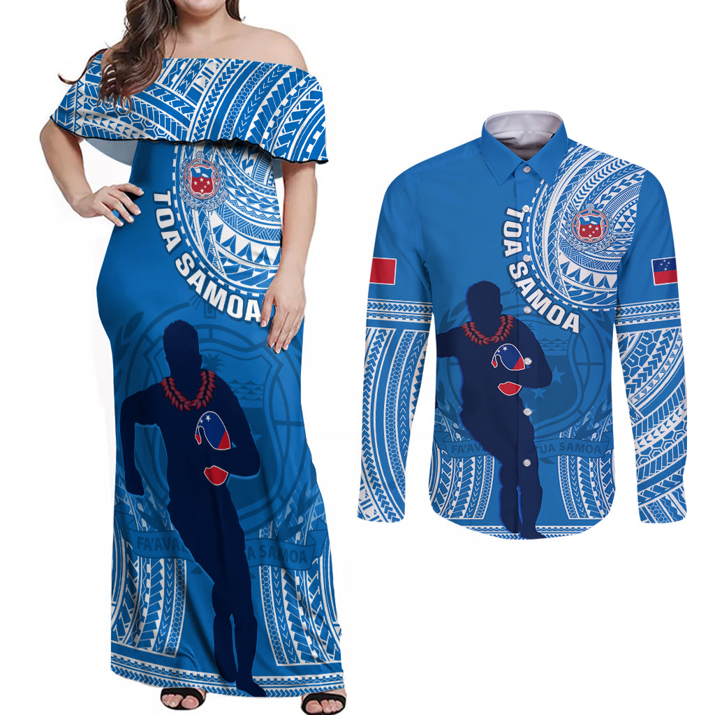 Custom Samoa Rugby Couples Matching Off Shoulder Maxi Dress and Long Sleeve Button Shirts Pacific 2023 Go Toa Samoa LT14 Blue - Polynesian Pride