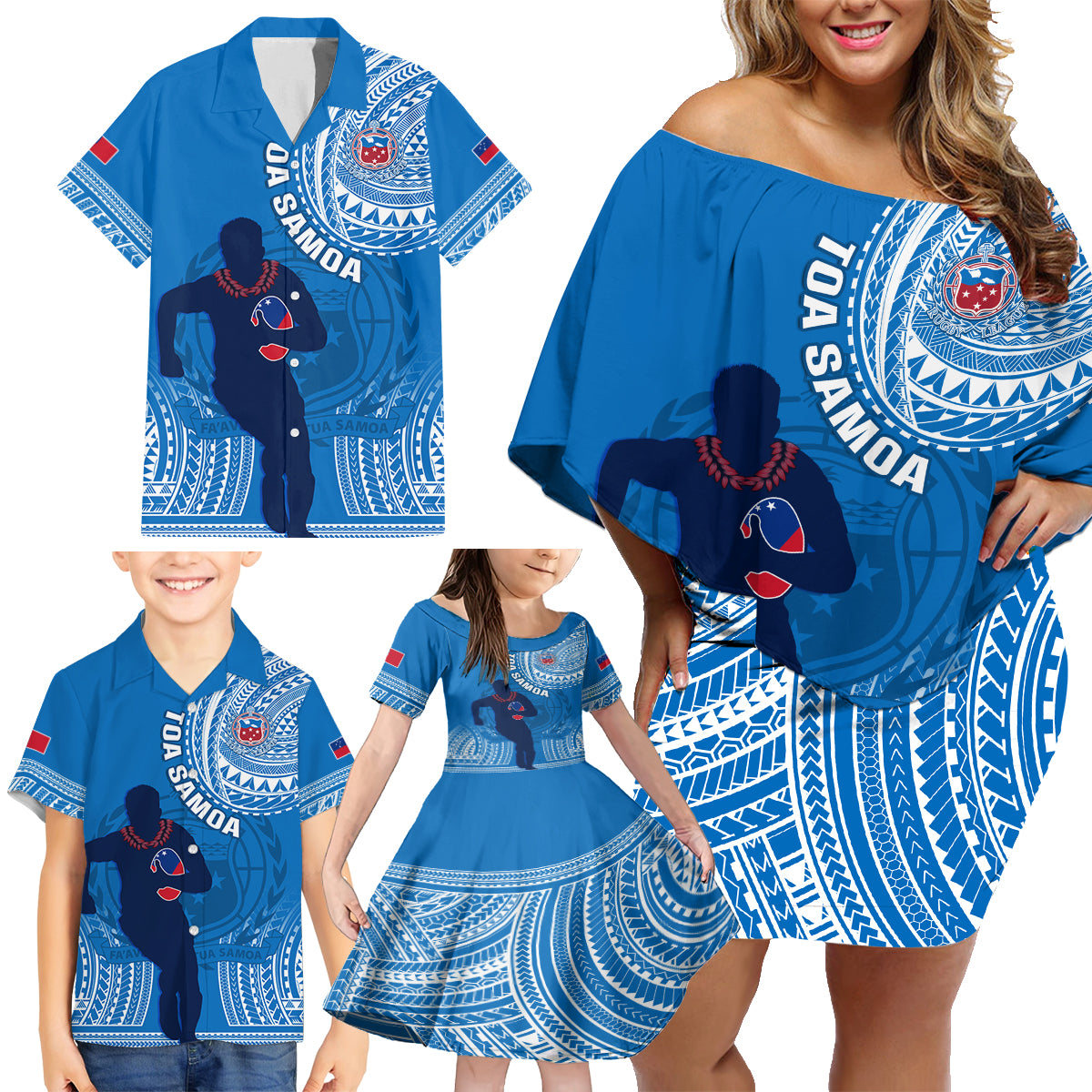 Custom Samoa Rugby Family Matching Off Shoulder Short Dress and Hawaiian Shirt Pacific 2023 Go Toa Samoa LT14 - Polynesian Pride