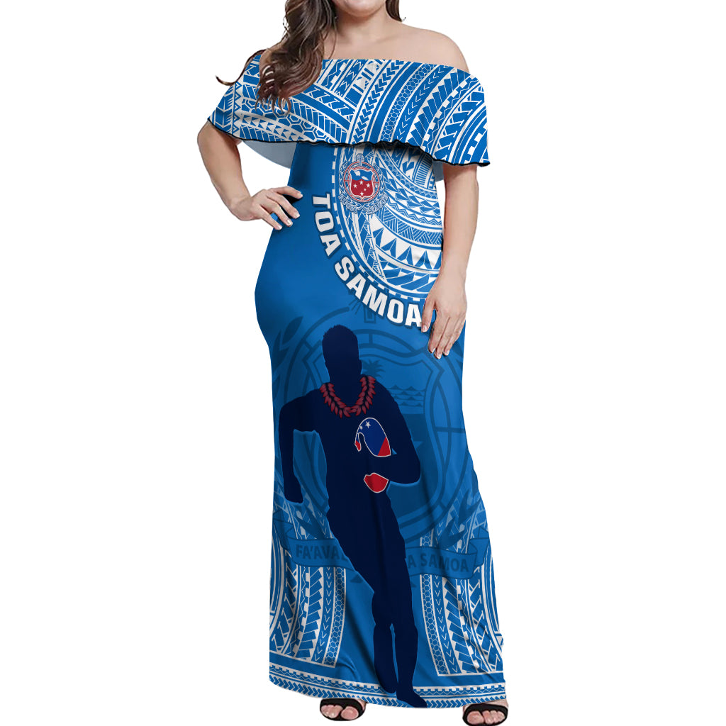 Custom Samoa Rugby Off Shoulder Maxi Dress Pacific 2023 Go Toa Samoa LT14 Women Blue - Polynesian Pride