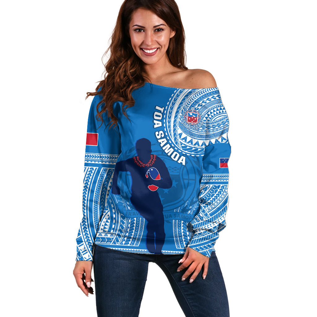 Custom Samoa Rugby Off Shoulder Sweater Pacific 2023 Go Toa Samoa LT14 Women Blue - Polynesian Pride