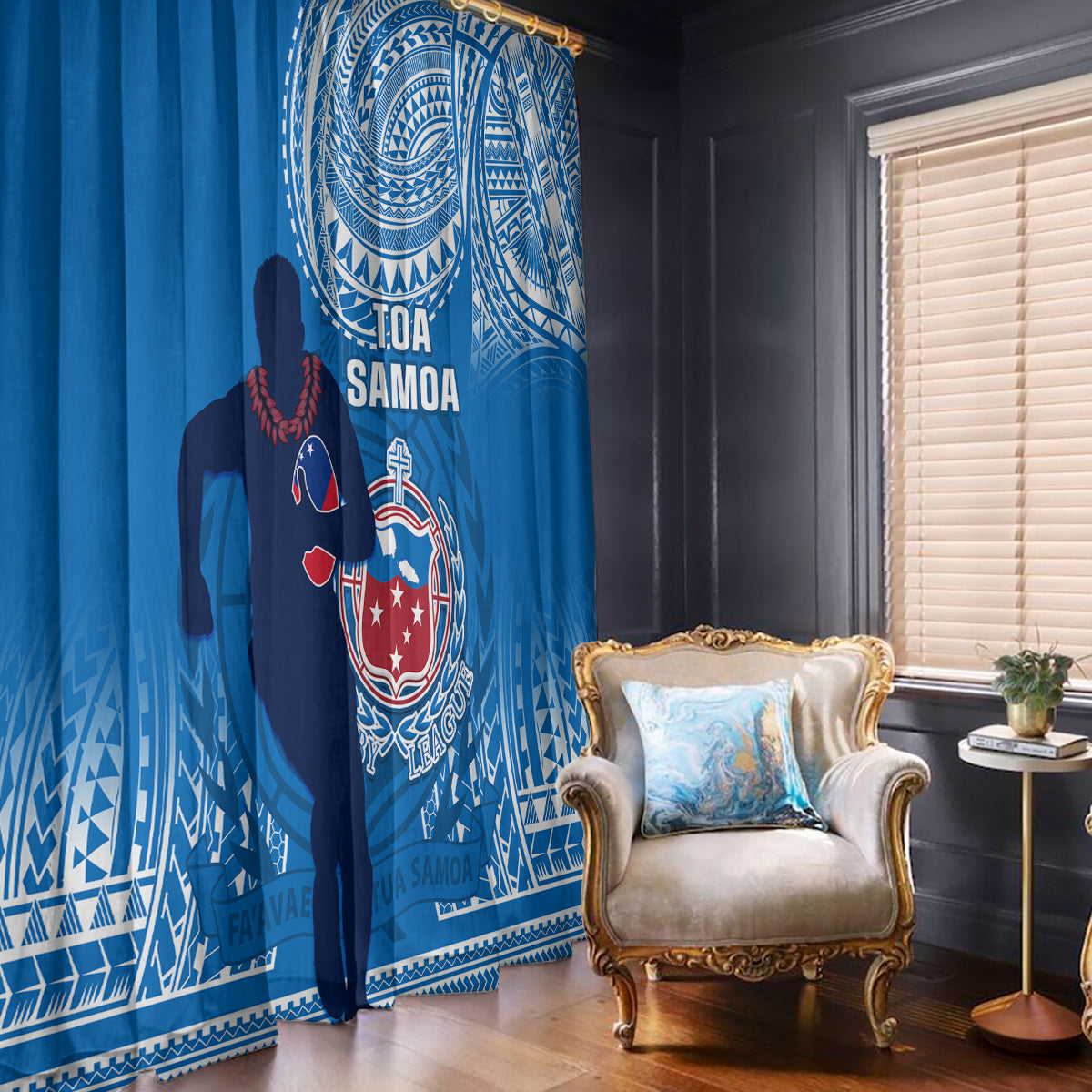 Samoa Rugby Window Curtain Pacific 2023 Go Toa Samoa LT14 With Hooks Blue - Polynesian Pride