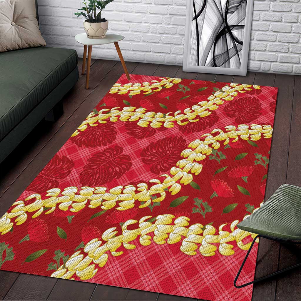 Red Palaka Hawaii Mele Kalikimaka Area Rug Ohia Lehua Monstera Puakenikeni Lei - Polynesian Pride